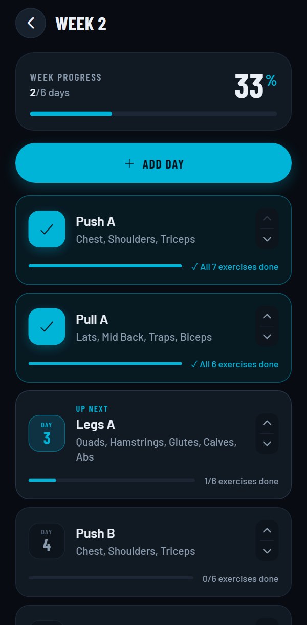 Week 2 of Push Pull Legs at 33 percent: Push A and Pull A done, Legs A up next with 1 of 6 exercises done